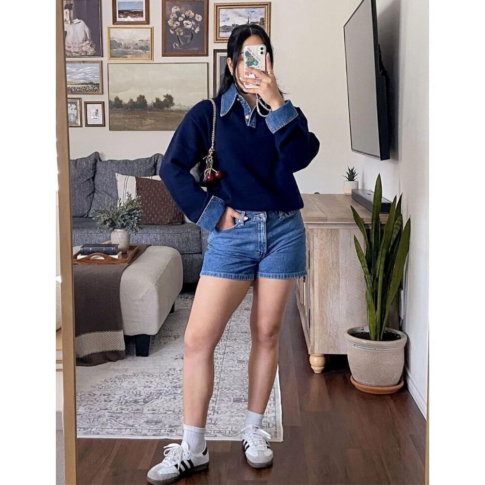 Womens Denim Collar Sweater Knit Oversized Long Sleeve Button Pullover